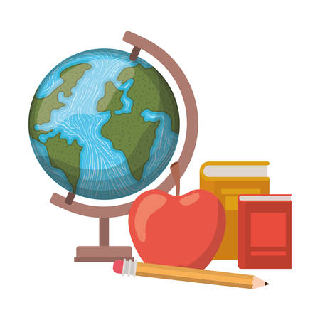 earth globe with books and apple fruit on white background vector illustration designのイラスト素材
