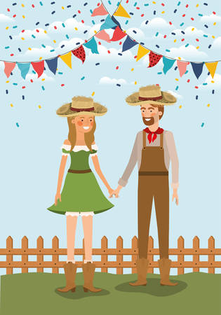 farmers couple celebrating with garlands and fence vector illustration designのイラスト素材