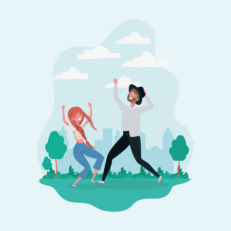 young couple jumping celebrating in the park characters vector illustration designのイラスト素材