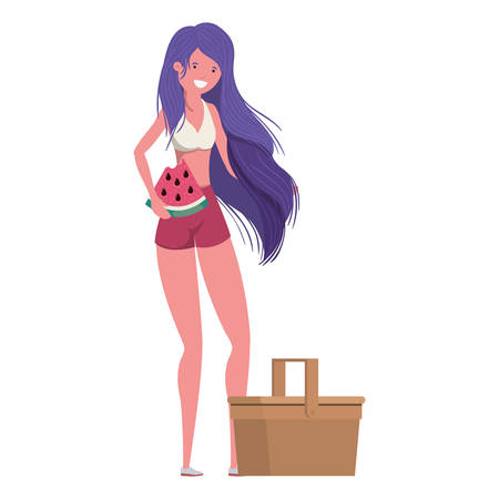 woman with swimsuit and portion of watermelon in hand vector illustration designのイラスト素材