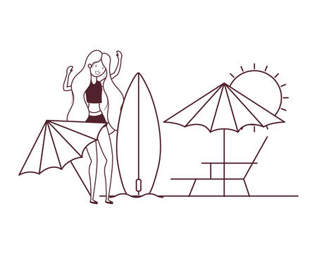 woman with swimsuit on the beach and surfboard vector illustration designのイラスト素材