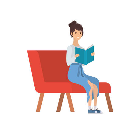 woman sitting on chair with book in hands vector illustration designのイラスト素材