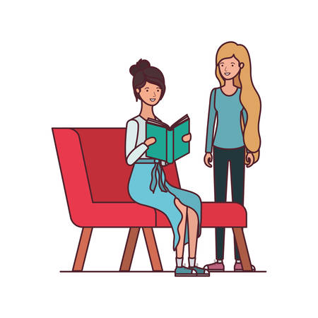 women sitting on chair with book in hands vector illustration designのイラスト素材