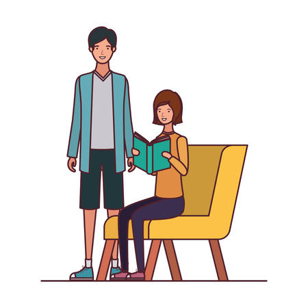 couple sitting on chair with book in hands vector illustration designのイラスト素材