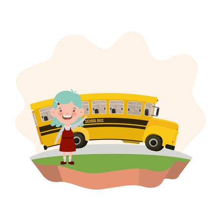 student girl with school bus on the highway vector illustration designのイラスト素材