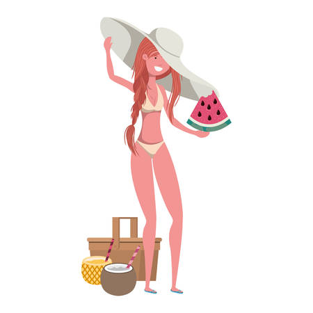 woman with swimsuit and portion of watermelon in hand vector illustration designのイラスト素材