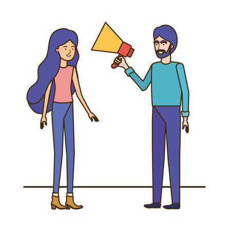 young couple in with megaphone in the hand vector illustration designのイラスト素材