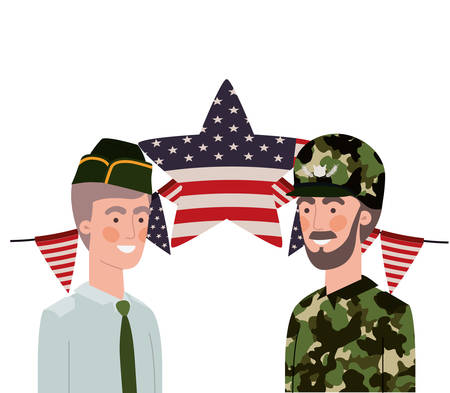 men soldiers of war with flag of united states background vector illustration designのイラスト素材