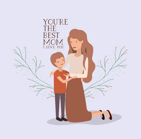 mothers day card with mother and son leafs crown vector illustration designのイラスト素材