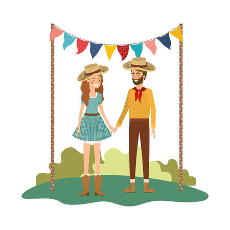 farmers couple talking with straw hat in landscape vector illustration designのイラスト素材