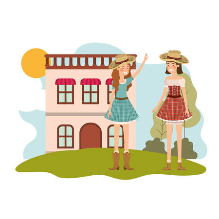 farmers women talking with background houses vector illustration designのイラスト素材