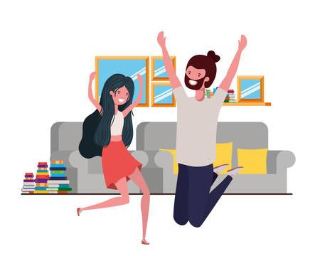 young couple dancing in living room character vector illustration designのイラスト素材