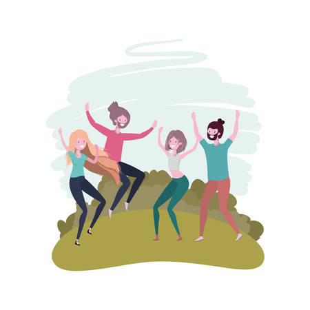 group of people dancing in landscape with trees and plants vector illustration designのイラスト素材