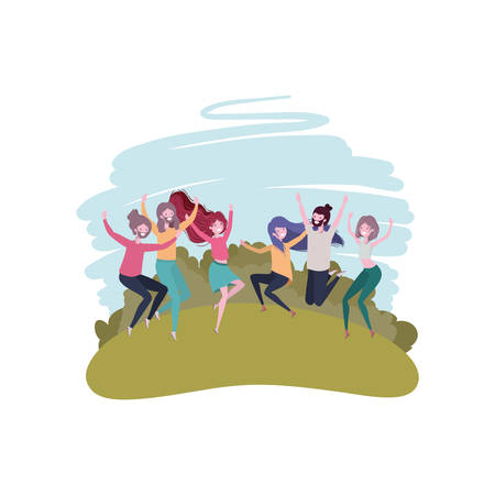 group of people dancing in landscape with trees and plants vector illustration designのイラスト素材