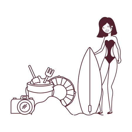 woman with swimsuit on the beach and surfboard vector illustration designのイラスト素材
