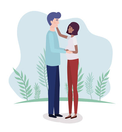 interracial lovers couple pregnancy characters in the landscape vector illustrationのイラスト素材