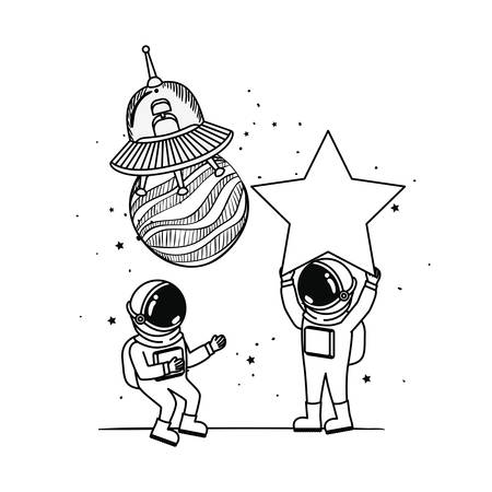 silhouette of astronaut and alien spacecraft in space vector illustration designのイラスト素材