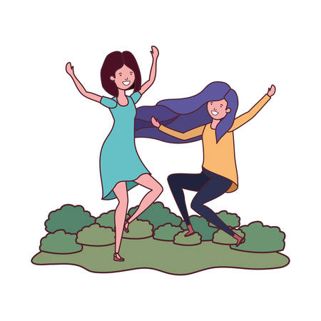 women dancing in landscape with trees and plants vector illustration designのイラスト素材