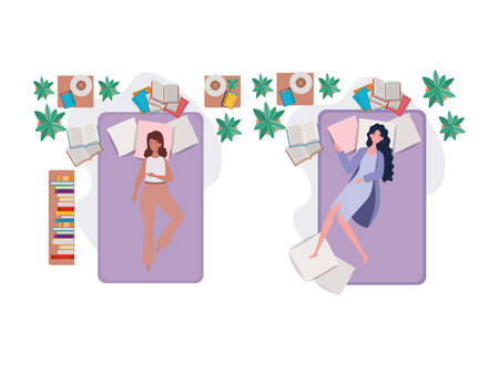 young women in bed with sleeping pose vector illustration designのイラスト素材