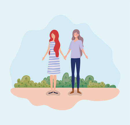 young couple women standing in the camp vector illustration designのイラスト素材