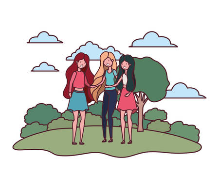 women dancing in landscape with trees and plants vector illustration designのイラスト素材