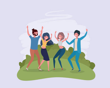young people jumping celebrating in the park characters vector illustration designのイラスト素材