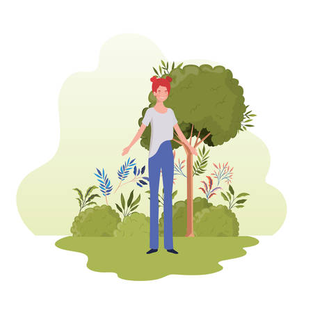 young woman standing with landscape background vector illustration designのイラスト素材