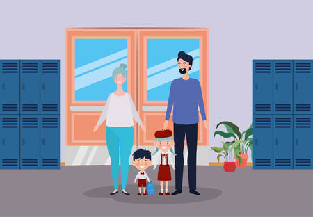 teacher couple with little students kids in the school corridor vector illustrationのイラスト素材
