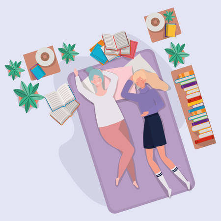 young women relaxing in mattress in the bedroom vector illustration designのイラスト素材