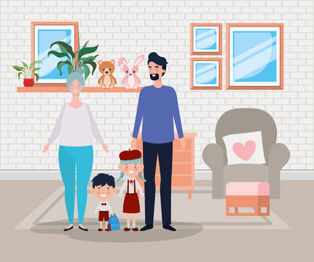family members in livingroom house scene vector illustration designのイラスト素材