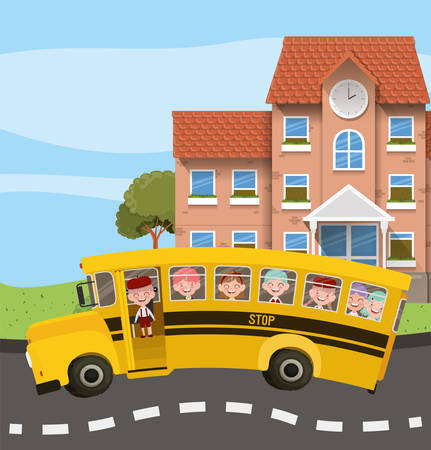 school building and bus in the road scene vector illustration designのイラスト素材