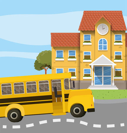 school building and bus in the road scene vector illustration designのイラスト素材