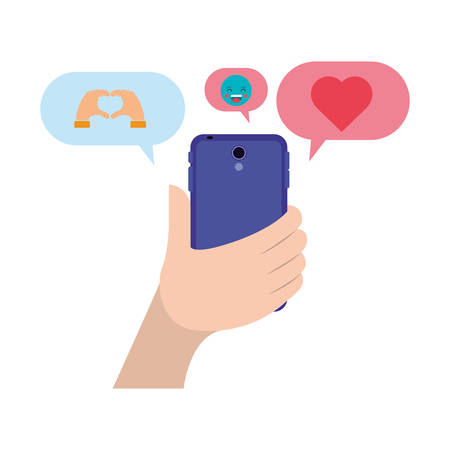 hand chatting with smartphone sending emojis vector illustration designのイラスト素材