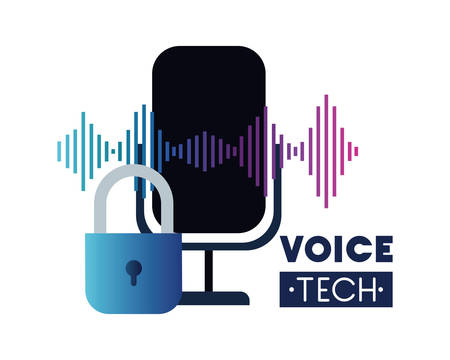 voice tech label with security padlock and microphone vector illustration designのイラスト素材