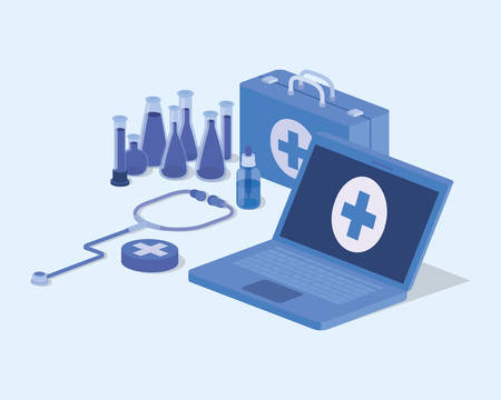 laptop telemedicine service with medical kit and drugs vector illustration designのイラスト素材