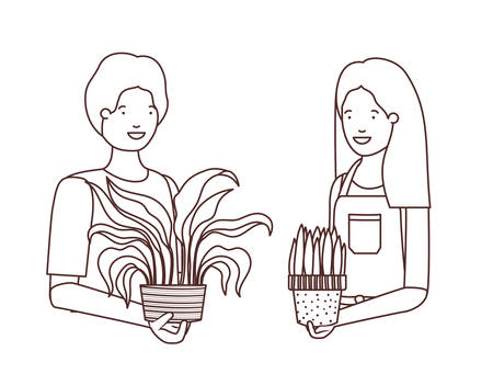 young couple with houseplant avatar character vector illustration designのイラスト素材