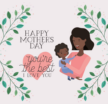 mothers day card with black mom lifting son vector illustration designのイラスト素材