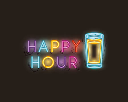 happy hour with beer jar fonts neon lights vector illustration designのイラスト素材