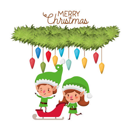 elves couple with sleigh and merry christmas time and garland with christmas balls vector illustration designのイラスト素材