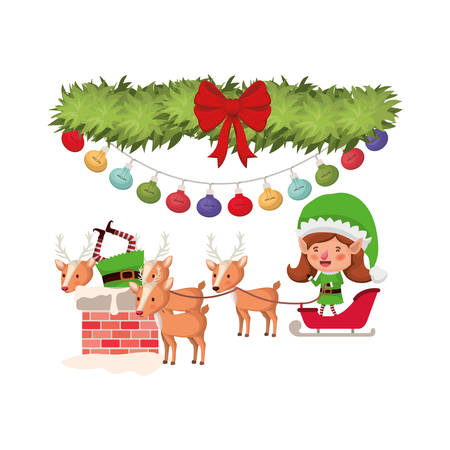 elves couple with sleigh and garland with christmas balls vector illustration designのイラスト素材