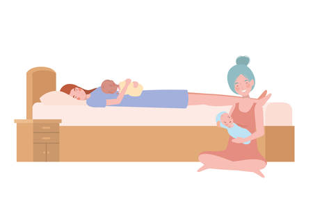 young women with newborn baby in bed vector illustration designのイラスト素材