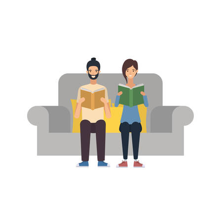 couple sitting on chair with book in hands vector illustration designのイラスト素材