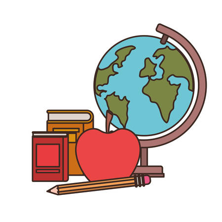 globe with books and apple fruit on white background vector illustration designのイラスト素材