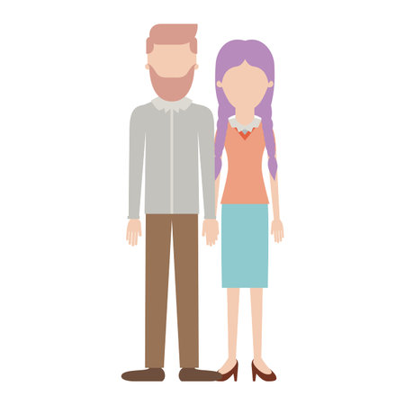 faceless couple colorful silhouette and him with beard and shirt and pants and shoes with side partedのイラスト素材
