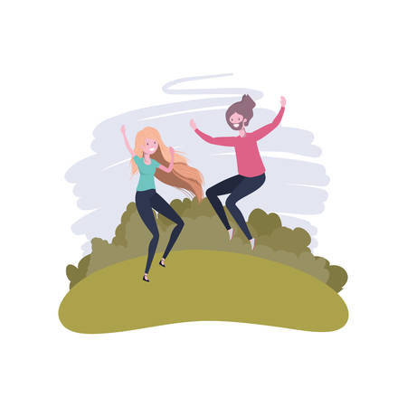 couple dancing in landscape with trees and plants vector illustration designのイラスト素材