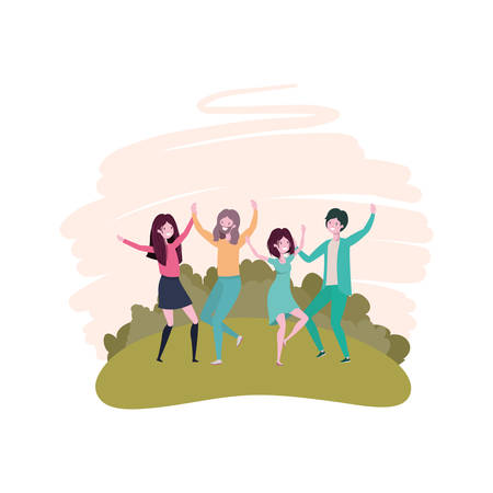 group of people dancing in landscape with trees and plants vector illustration designのイラスト素材