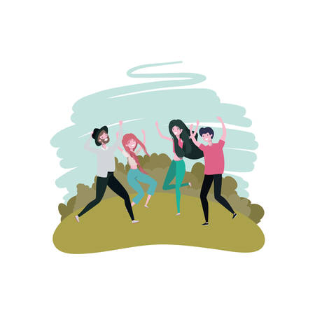 group of people dancing in landscape with trees and plants vector illustration designのイラスト素材