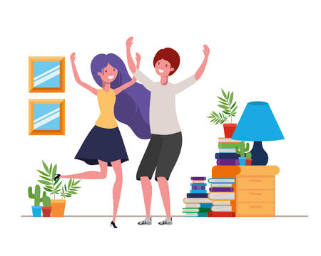 young couple dancing in living room character vector illustration designのイラスト素材