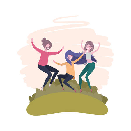 group of people dancing in landscape with trees and plants vector illustration designのイラスト素材