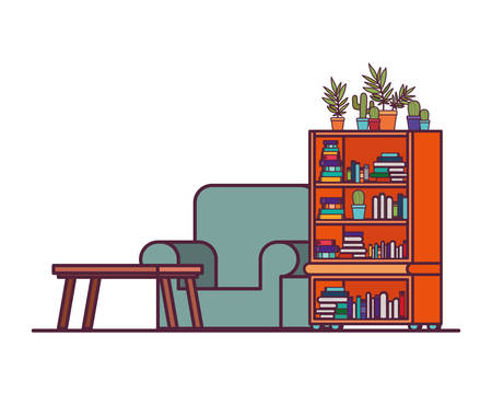 living room with couch and bookshelf of books vector illustration designのイラスト素材